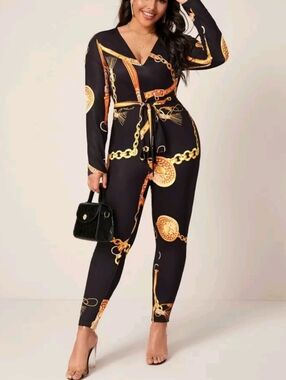 3/$20 Black Jumpsuit with Gold Chain Print